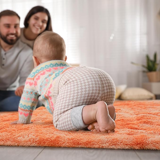Goideal Fluffy Rug for Bedroom Living Room, 5x7 Orange Area Rugs, Faux Fur Shag Modern Carpet Ultra Soft Girls Boys Room Home Decor, Tie-Dyed
