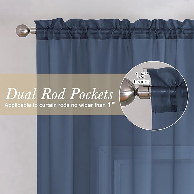Lecloud Navy Blue Sheer Curtains 90 Inches Long 2 Pcs, Soft Airy Light Filtering Home Decor Living Room Curtains for Bedroom, Rod Pockets Window Treatments Solid Drapes, Each Panel 59" W x 90" L