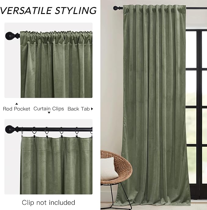 RYB HOME Sage Green Velvet Curtains with Hook Tape, Thermal Insulated Privacy Protect Decorative Drapes for Home Theater, W 42 x L 84 inches, 2 Panels Set