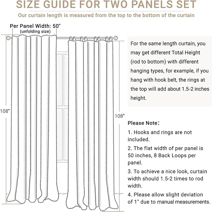 100% Blackout Shield Linen Blackout Curtains for Bedroom 108 Inches Long, Back Tab/Rod Pocket Living Room Drapes, Thermal Insulated Blackout Curtains 2 Panels Set, 50" W x 108" L, Faux Linen