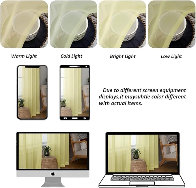 Chyhomenyc Sheer Curtains 36 inch Length 2 Panels Set - Light Filtering Voile Rod Pocket Short Window Curtians for Bathroom Living Room Farmhouse Small Windows, 42Wx36L inches, Light Yellow