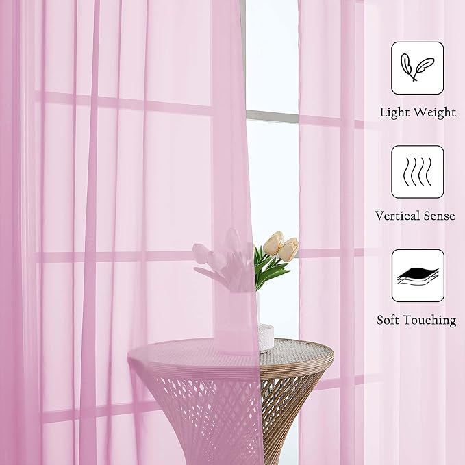 Lecloud Light Pink Sheer Curtains 90 Inches Long 2 Panels Set, Dual Rod Pocket Living Room Curtains for Bedroom Decor, Light Filtering Airy Rustic Dining Room Drapes, Each Panel 59" W x 90" L