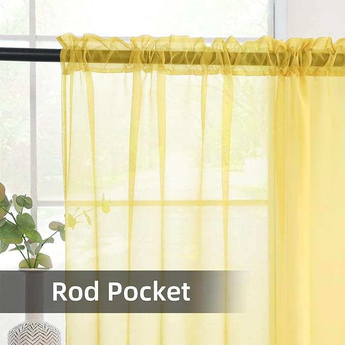 youleyar Solid Sheer Rod Pocket Curtain Voile Draperies 2 Panels White Beige Black Grey Coffee 52 Inch Width 84 Inch Long 1 Pair for Kitchen Bedroom Children Living Room Yard (Yellow,52Wｘ84L)