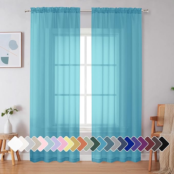 Simplebrand Turquoise Sheer Curtains 84 Inches Long 2 Panels, Light Filtering Rod Pocket Solid Color Window Sheer Curtain Panels, Elegant Curtains & Drapes for Bedroom (Turquoise, 42" W x 84" L)