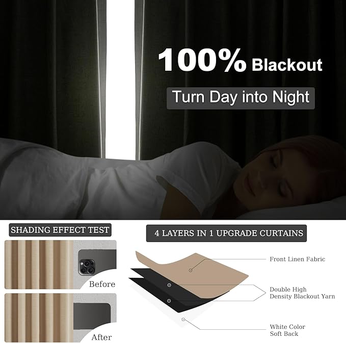 Topfinel 94 Inch Long Blackout Curtains for Bedroom Living Room Linen Textured Farmhouse Room Darkening/Thermal/Noise Reduction Window Treatment Drapes with Hooks 2 Panels, Camel Taupe