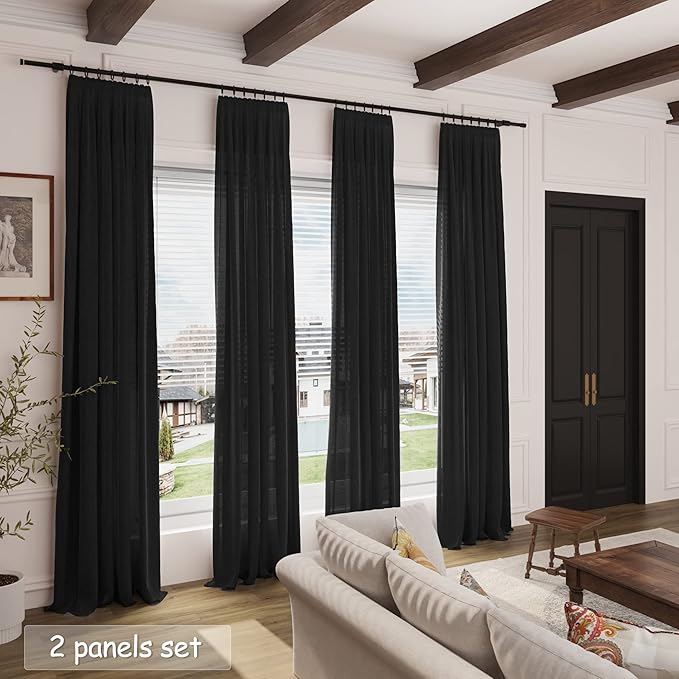 Nanspring Long Black Curtain 105 inches Long 2 Panels Set for Living Room Back Tab Modern Farmhouse Muslin Look Decor Cotton Textured Black Sheer Linen Curtains 105 inch Length for Large Window