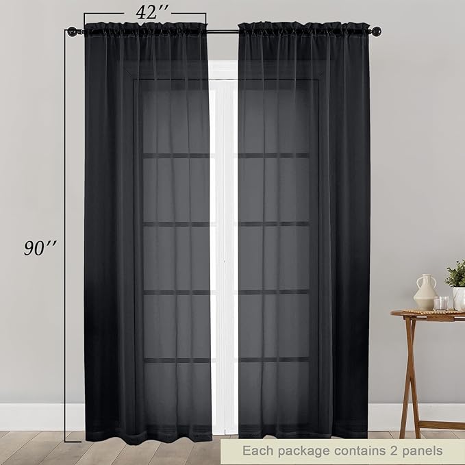 Sheer Black Curtains for Bedroom Living Room 90 Inches Long 2 Panels Set, Soft Airy Light Filtering Sheer Window Treatments, Modern Rod Pocket Curtains Drapes, Each 42" Wx90 L Inch