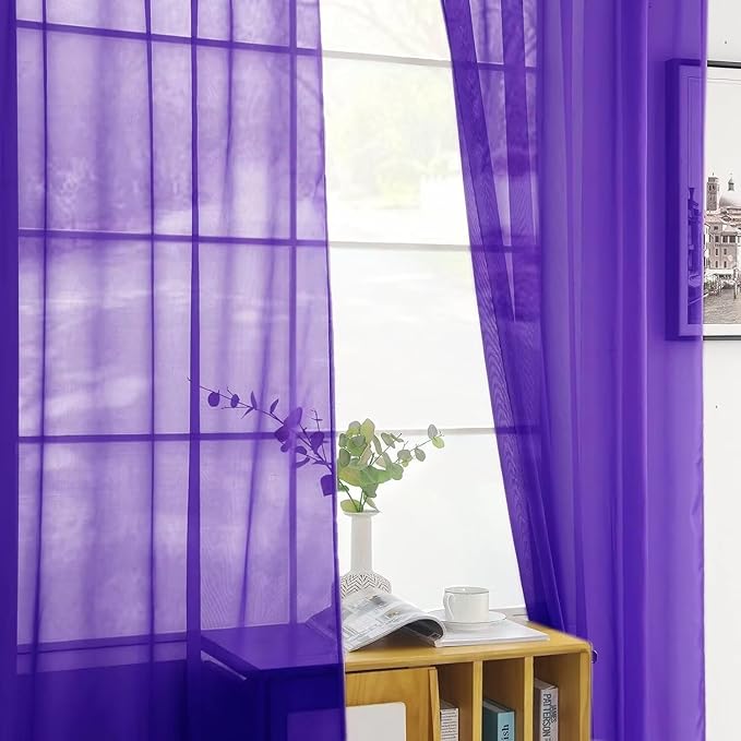 youleyar Solid Sheer Rod Pocket Curtain Voile Draperies 2 Panels White Beige Black Ivory Coffee 22 Inch Width 40 Inch Long 1 Pair for Kitchen Bedroom Children Living Room Yard(Purple,22W x 40L)