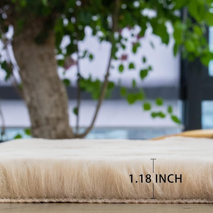 ORINOVA Washable Shag Round Rugs 6ft Camel Plush Faux Rabbit Furry Fur Rugs for Bedroom Large Circle Fluffy Nursery Rug