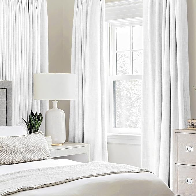 MIULEE 100% Blackout Linen Textured Curtains for Bedroom Solid Thermal Insulated Bright White Grommet Room Darkening Curtains & Drapes Luxury Decor for Living Room Nursery 52 x 84 Inch (2 Panels)