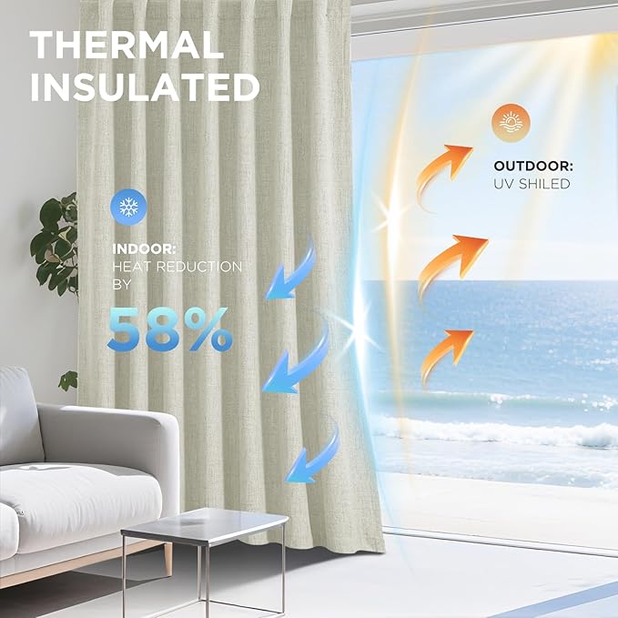 Joydeco Linen Blackout Curtains for Bedroom - 100% Light Blocking 1 Panels, Light Beige Drapes 100" W x 108" L, Thermal Insulated Room Darkening Curtains for Living Room, Rod Pocket & Back Tabs
