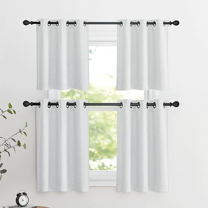 NICETOWN Faux Linen Greyish White Room Darkening Curtain Valances 36 inches Long, Grommet Energy Saving Thermal Window Tiers Short Curtains for Living Room/Bedroom, W34 x L36, 2 Panels