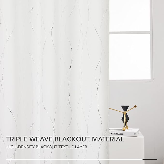 Deconovo White Curtains 95 Inches Long, Room Darkening Curtain, Thermal Insulated Soundproof Drapes, Wave Dots Silver Print, Grommet Top, Window Panels for Living Room Bedroom Sliding Door, Set of 2