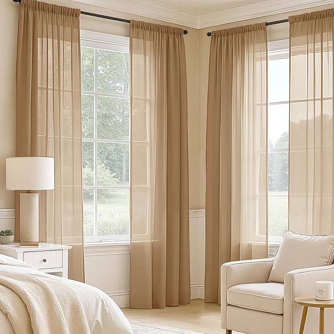 MIULEE Brown Sheer Curtains 96 Inches Long, 4 Panels Set, Rod Pocket Voile Drapes Light Filtering and Semi Transparent, Elegant Window Treatments for Bedroom Living Room,54 x 96 Inches