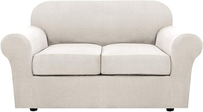 H.VERSAILTEX 3 Piece Stretch Sofa Covers for 2 Cushion Loveseat Couch Covers for Living Room Sofa Slipcovers (Base Cover Plus 2 Seat Cushion Covers) Thicker Jacquard Fabric(Medium Sofa, Ivory)
