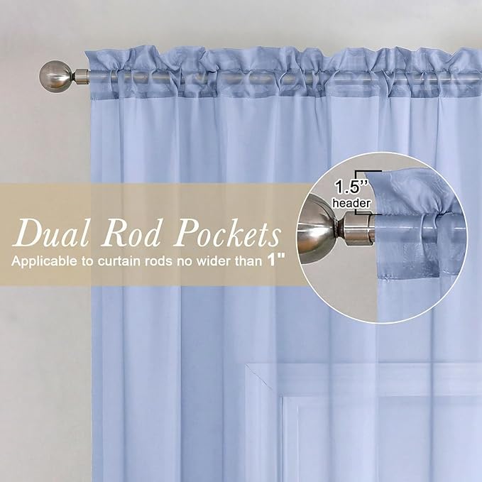 Lecloud Denim Blue Sheer Curtains 84 Inches Long 2 Panels, Light Filtering Bedroom Curtains with Rod Pocket, Airy Voile Farmhouse Window Drapes for Living Room Dining Room, Each Panel 42" W x 84" L