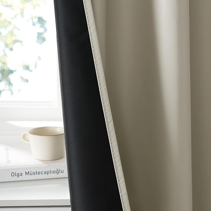 RYB HOME 100% Blackout Short Curtains for Small Window, Thermal Insulated Total Room Darkening Noise Reducing Curtains for Kitchen Bathroom Basement, 34 inches Wide by 48 inches Long, Natural