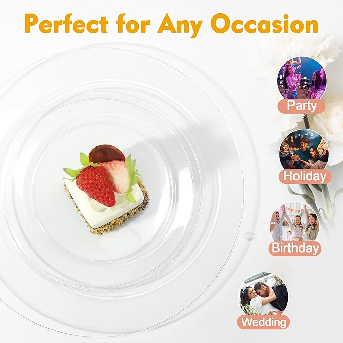 100 PCS Clear Plastic Plates, Plastic Disposable Plates Include 50 Dinner Plate and 50 Dessert Plate Perfect for Holiday, Birthday, Wedding & Party