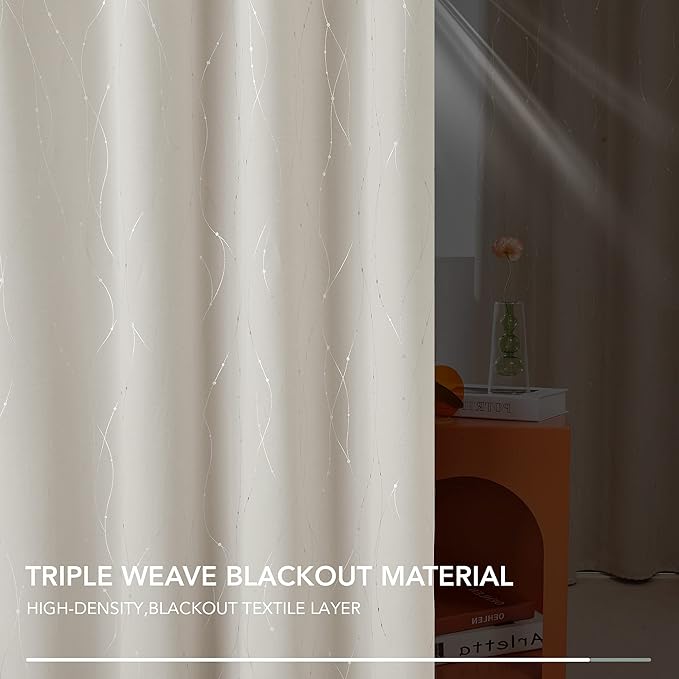 Deconovo Room Darkening Curtains Beige, Short Kitchen Curtain, Thermal Insulated Noise Reducing Drapes, Silver Wave Dots Print, 42 x 45 Inch Long, Machine Washable Window Panels for Bedroom, Set of 2
