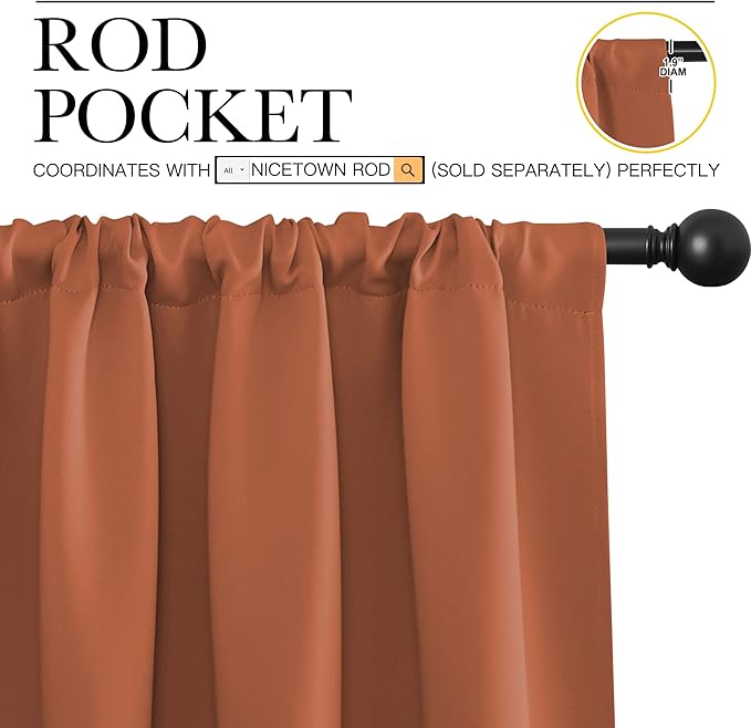 NICETOWN RV Blackout Curtains for Camper Windows, Burnt Orange, 34" x 30", Set of 2, Kitchen Curtains, Short Blackout Drapes, Thermal Insulated Rod Pocket Window Treatment Draperies for Nursery