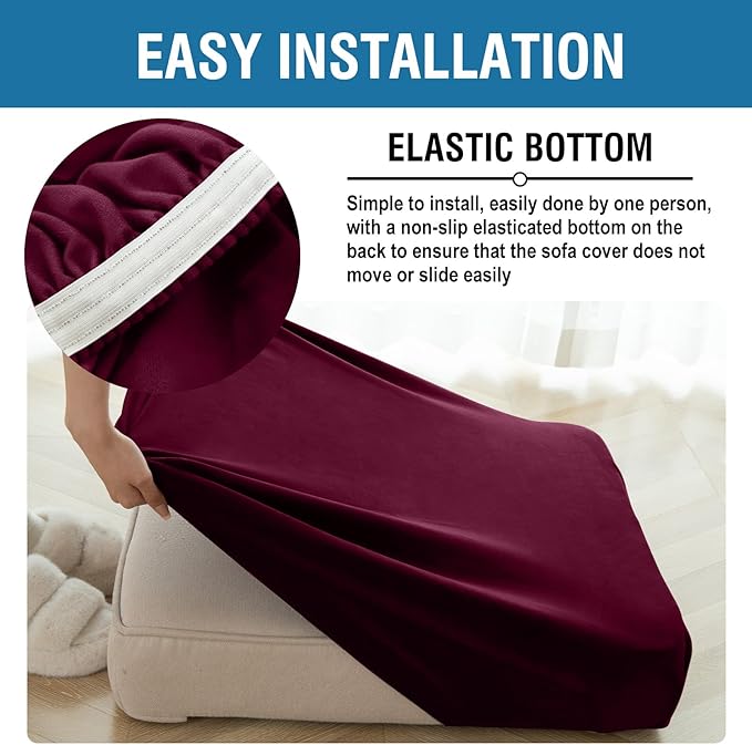 Couch Cover Stretch Velvet Sofa Cushion Cover 1-Piece - Elastic Washable Slipcover for Seat or Backrest, Couch Seat Covers for Sofas (Wine)