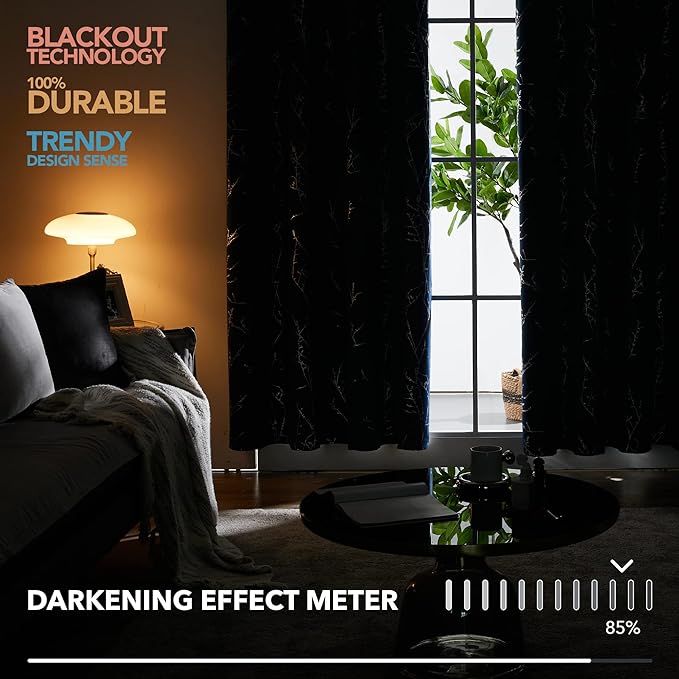 Deconovo Black Blackout Curtains, Thermal Insulated Soundproof Privacy Curtain Drapes, Branch Foil Print, 42 x 63 Inch Long, 2 Panels, Machine‑Washable Window Panel for Bedroom Living Room Office Home