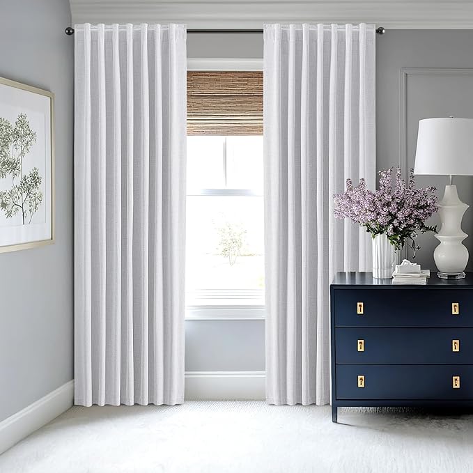 MIULEE 100% Blackout Linen Curtains for Bedroom, Grayish White Solid Luxury Decor Thermal Insulation Room Darkening Drapes for Living Room Nursery Back Tab Rod Pocket 42 x 96 Inches, 2 Panels