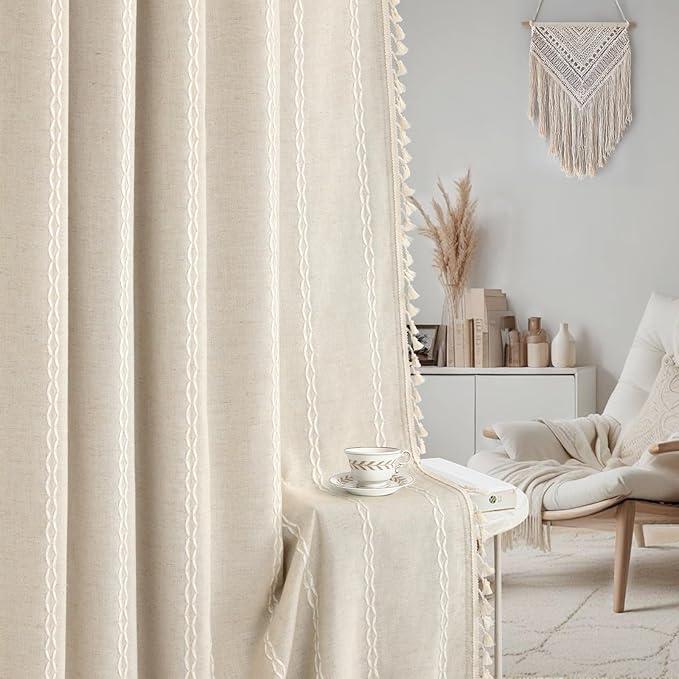 Boho Blackout Curtains 2 Panels 84 Inch for Living Room Bedroom, Beige Linen Texture Farmhouse Curtains with Tassels and Cotton Embroidery Vintage Rustic Western Rod Pocket