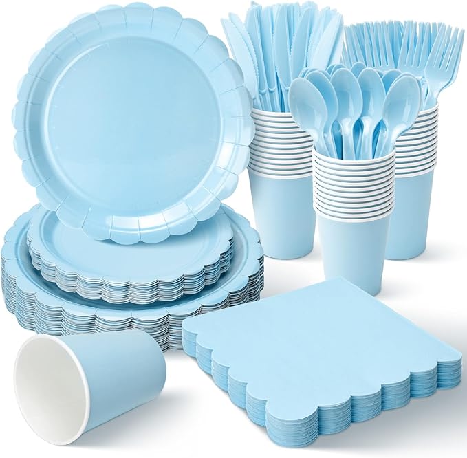 Vyntra 350 PCS Disposable Plates for Party, Paper Plates & Napkins Set with Cups, Knives, Forks, Spoons, 7'' Dessert and 9'' Dinner Plates for Baby Shower, Boy Birthday - Light Blue