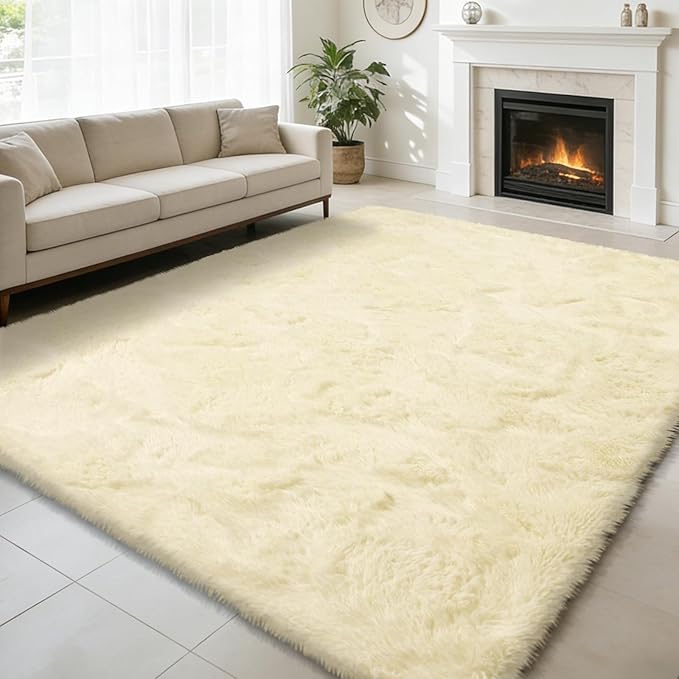 8x10 Fluffy Area Rugs for Living Room,Shag Area Rug for Bedroom,Ivory Soft Fuzzy Rug Non-Shedding Indoor Plush Carpet for Kids Bedroom Nursery Home Decor