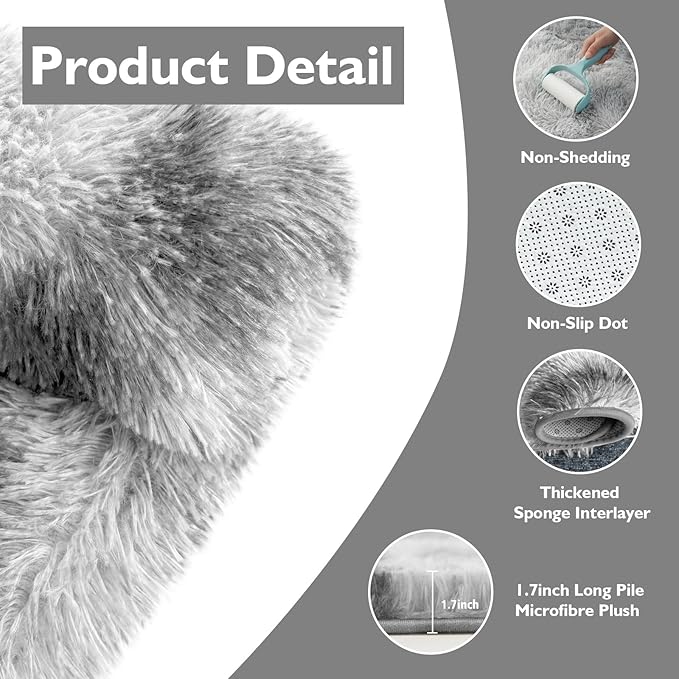 Tie-Dyed Fluffy Round Rug,Soft Area Rugs for Girls Room,Shaggy Rugs 5'X5' for Living Room,Non Slip Circle Rug for Kids Bedroom,Shag Plush Nursery Rug,Plush Carpet for Dorm,Furry Room Decor,Light Grey