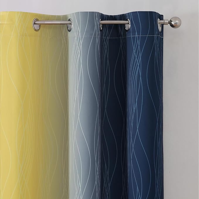 Estelar Textiler Yellow and Navy Blue Blackout Curtains for Boys Bedroom, Full Light Blocking Grommet Ombre Curtains for Living Room, Thermal Insulated Room Darkening Gradient Drapes, 42Wx63L,2 Panels