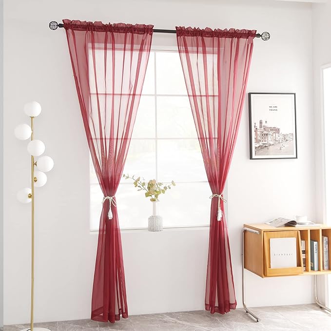 youleyar Solid Sheer Rod Pocket Curtain Voile Draperies 2 Panels White Beige Black Grey Coffee 52 Inch Width 108 Inch Long 1 Pair for Kitchen Bedroom Children Living Room Yard (Wine Red,52Wｘ108L)