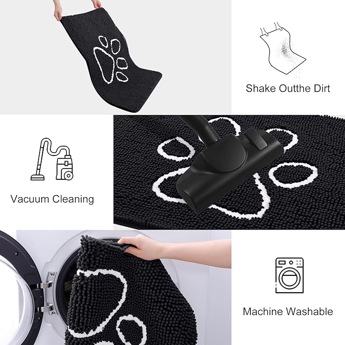 Smiry Dog Door Mat for Muddy Paws, Absorbent Dirt Trapper Non Slip Quick Dry Washable Chenille Mat for Mud Dogs, Entry Rug for Indoor and Outdoor (54x24 Inches, Black and White)