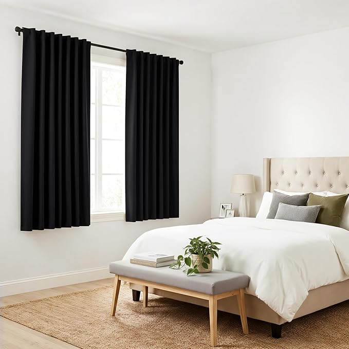 PONY DANCE Blackout Window Curtains - Insulating Against Drafts Drapes Noise Reducing Thermal Insulated Back Tab/Rod Pocket Draperies, 52 x 45-inch Long, Black, Double Panels