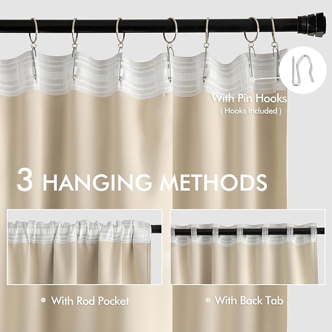 MIULEE Cream Beige Back Tab Light Blocking Curtains 72 Inch Length 2 Panels Set for Living Room Bedroom Privacy, Rod Pocket/Pinch Pleat Thermal Insulated Room Darkening Pleated Blackout Drapes