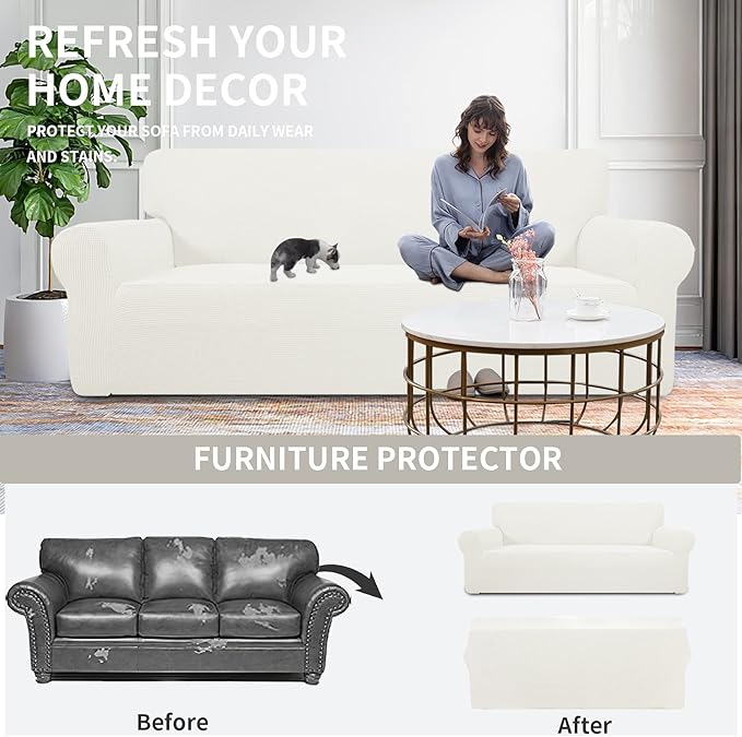 Easy-Going Stretch Oversized Loveseat Slipcover 1-Piece Sofa Cover Furniture Protector Couch Soft with Elastic Bottom for Kids Polyester Spandex Jacquard Fabric Small Checks Cream