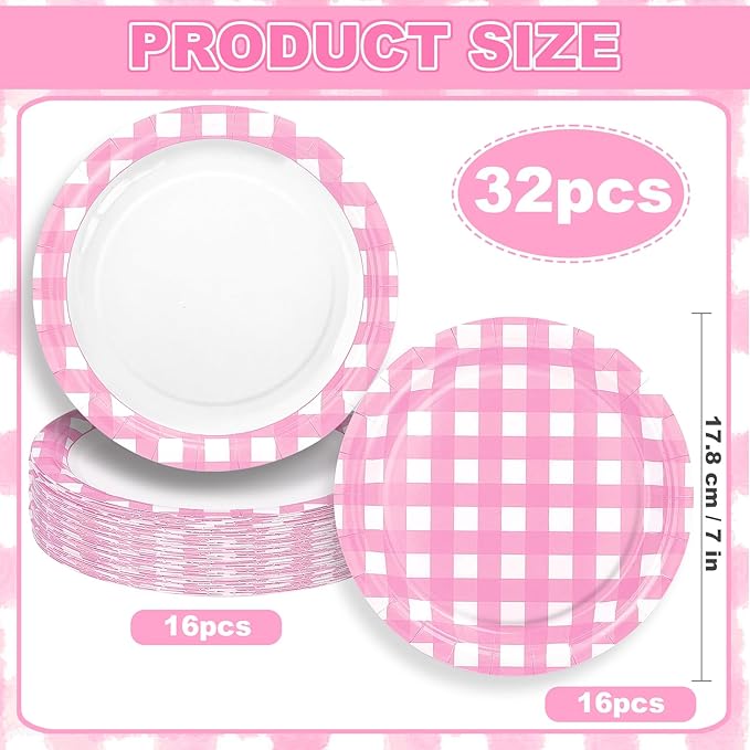 32 Pcs Pink Gingham Party Plates - 7 Inch Checkered Plaid Dessert Plates Disposable Pink and White Paper Plate - For Picnic BBQ Birthday Dinner Party Supplies