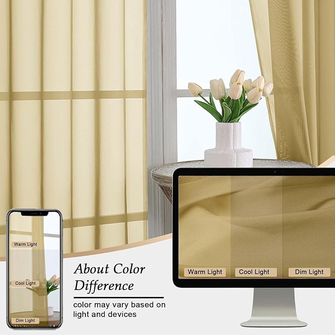 Gold Sheer Curtains 84 Inches Long 2 Panels Set for Bedroom Living Room, Soft Airy Light Filtering Modern Solid Rod Pocket Drapes Window Treatments, Gold, Each 59" W x 84" L