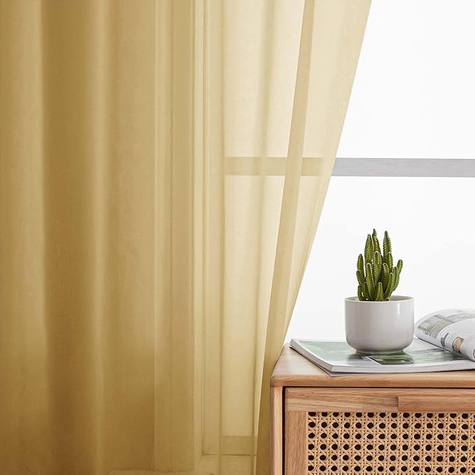 Gold Kitchen Curtains 30 Inch Length Tier 2 PCS, Solid Soft Airy Half Curtains for Windows, Gold Sheer Rod Pocket Drapes for Bathroom Basement Small Window, 42" Wx30 L Inches