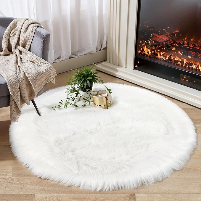 White Fluffy Round Fur Area Rug for Bedroom, Circle Faux Fur Rugs for Kids Room, Cute Fuzzy Nursery, Shaggy Circular Rugs Floor Carpets for Teens Girls Rooms Home Decor, 4 x 4 Feet