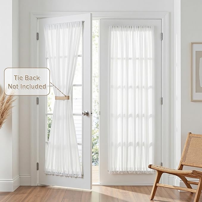 MYSKY HOME White French Door Curtains for Door Window 72 Inch Length 2 Panels Semi Sheer Light Filtering Curtain for Bedroom Window Glass Rod Pocket for Kitchen Dining Room, Pure White, 26" Wide