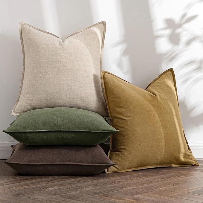 MIULEE Neutral Green/Brown Linen Pillow Covers Pack of 4 Decorative Natural Solid Throw Pillow Covers Soft Accent Boho Farmhouse Couch Pillowcases Spring Decors for Living Room Bed Sofa 24x24 Inch