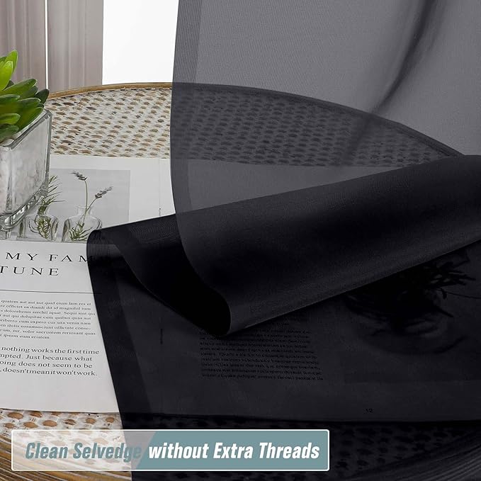 Black Sheer Curtains for Windows 108 inches Long 2 Panels Set, Soft Lightweight Light Filtering Drapes for Living Room Bedroom, Dual Rod Pocket Sheer Curtains, 2x42Wx108L inches