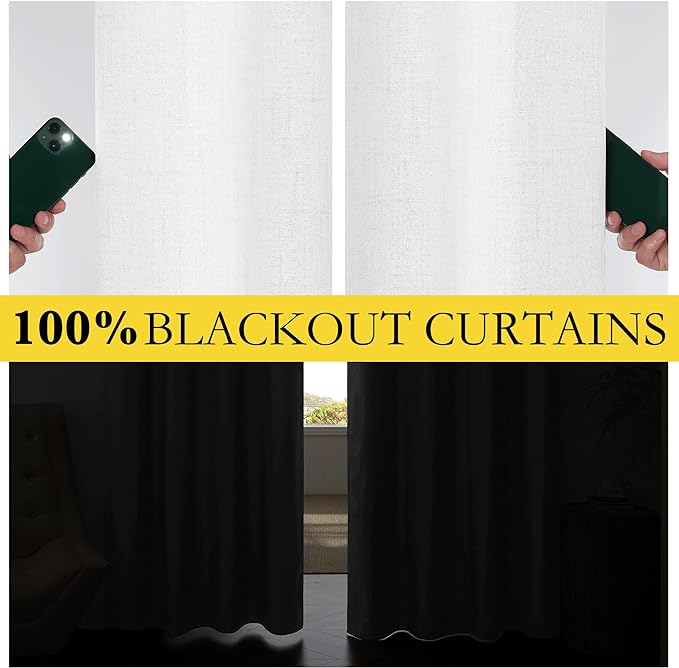 NICETOWN 100% Absolutely Blackout Linen Curtains with Thermal Insulated Liner, Greyish White, 52" Wide, 108" Length Energy Saving Curtains for Living Room 2 Panels Set, Vertical Blinds