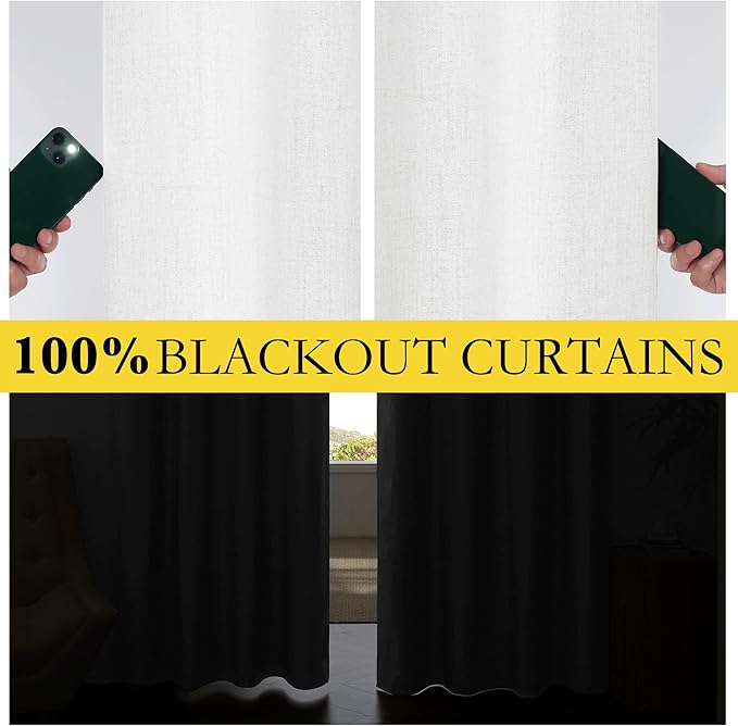 NICETOWN 100% Absolutely Blackout Linen Curtains with Thermal Insulated Liner, Greyish White, 62" Wide, 72" Length Energy Saving Curtains for Playroom 2 Panels Set, Vertical Blinds