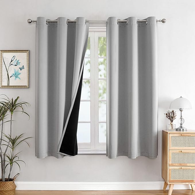 ChrisDowa 100% Blackout Curtains for Bedroom with Black Liner, 2 Thick Layers Total Blackout Thermal Insulated Grommet Window Curtains 63 Inch Length 2 Panels Set (Light Grey, 42 x 63 Inch)