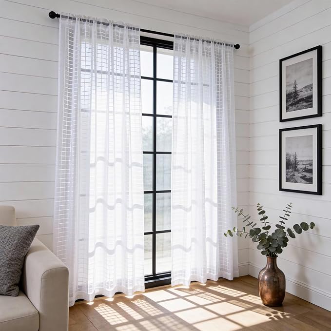 SpaceDresser Check Sheer Curtains 90 Inches Long for Living Room, Rod Pocket Plaid Semi Sheer Drapes for Kitchen Bedroom（White, 52W x 90L）