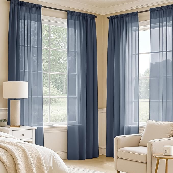 MIULEE Navy Blue Sheer Curtains 108 Inches Long, 4 Panels Set, Light Filtering Rod Pocket Voile Drapes Window Treatments, Semi Transparent Airy Fabric for Bedroom and Living Room, 42 x 108 Inches