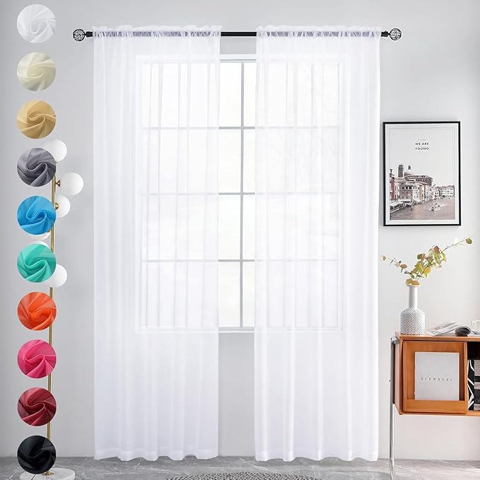 youleyar Sheer Rod Pocket Curtain Voile Draperies 2 Panels White Beige Black Grey Coffee 52 Inch Width 54 Inch Long 1 Pair for Kitchen Bedroom Children Living Room Yard (Optical White,52Wｘ54L)
